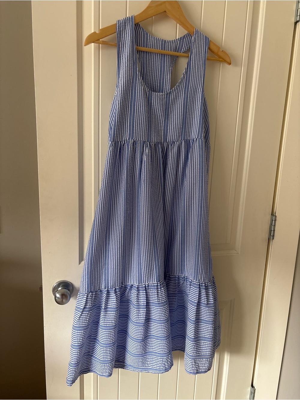 Blue & White Striped Tiered Midi Dress | Sleeveless Flowy Summer Dress